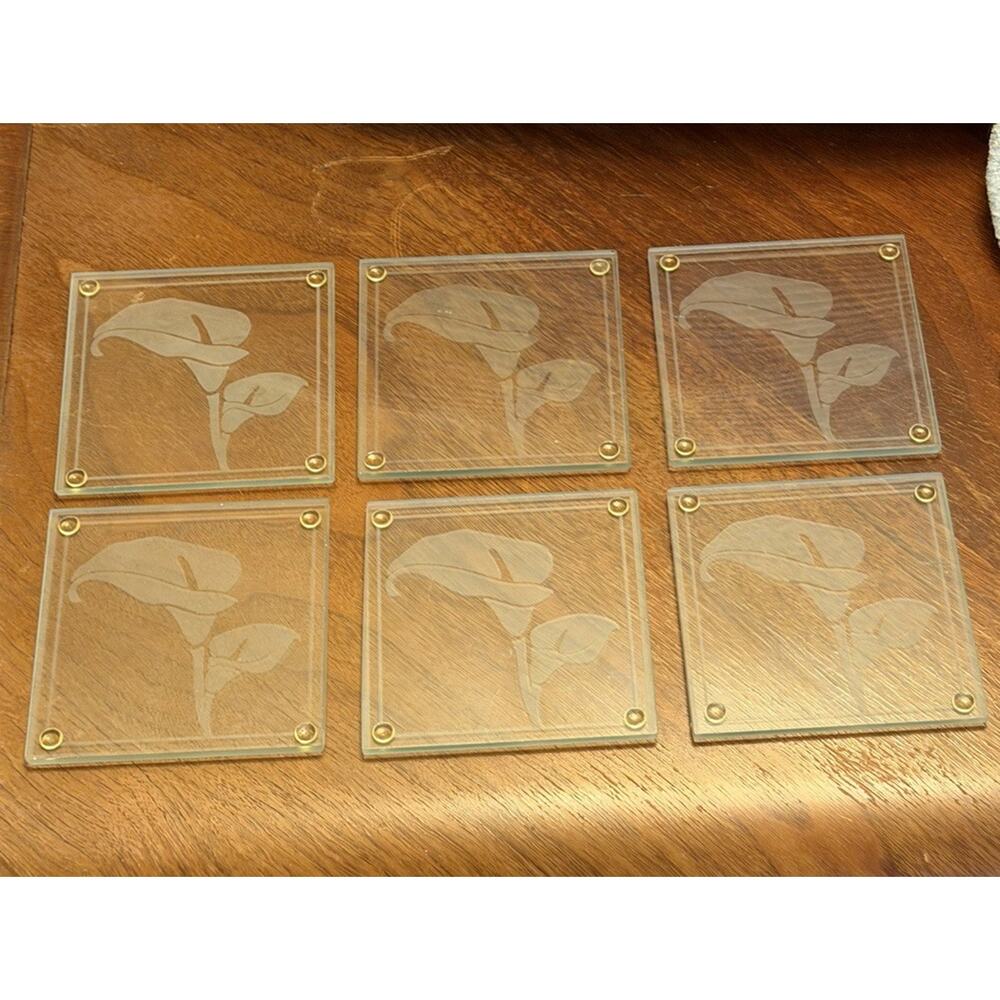 COASTERS Kate Aspen Art Deco SET of 6 Calla Lilies Flower Frosted Glass 3533-65
